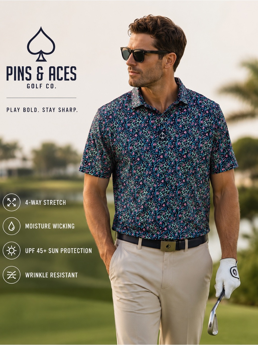 Pins & Aces Golf Polo Mens L Blue Pink Performance Stretch Shirt Preppy C8